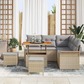 Conjunto de Sofá de Jardim de 8 Peças com Almofadas Bege, Rattan de Po