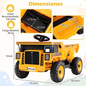 Camião basculante elétrico de 24 V para criançasde construção de 4 rodas com caçamba basculante Pá Controle remoto Música Amarelo