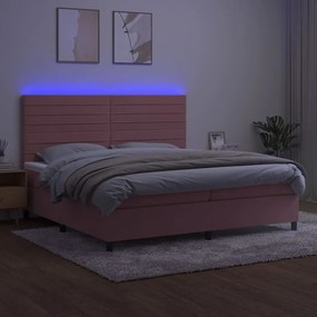 Cama box spring c/ colchão/LED 200x200 cm veludo rosa
