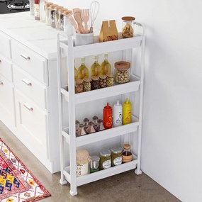 Carrinho estreito de 4 níveis com rodas e pegas 54 × 18,5 × 103 cm Organizador móvel para cozinha, casa de banho, lavandaria e escritório Branco