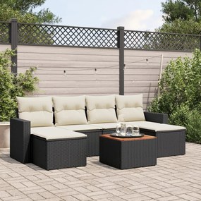 7 pcs conjunto de sofás p/ jardim c/ almofadões vime PE preto