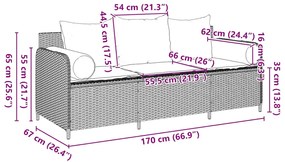 Sofá de jardim com almofadões 3 lugares vime PE castanho