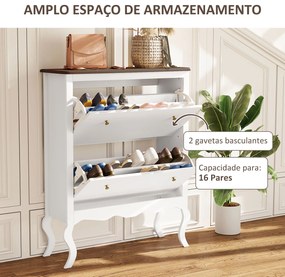 Móvel Sapateira Estilo Francês Sapateira com 2 Gavetas Prateleiras Ajustáveis para 16 Pares de Sapato 84x29x109 cm Branco