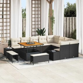 vidaXL Conjunto de Sofás de Jardim com 12 Peças e Almofadas, em rattan sintético preto com detalhes em acácia.