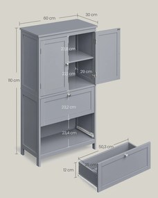 Armário de casa de banho com 2 portas e 2 gavetas 30 x 60 x 110 cm Cinzento 