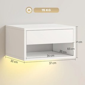 Conjunto de 2 Mesas de Cabeceira Flutuantes 37x32x21 cm com Luzes LED RGB Controlo por APP e Prateleira Aberta Branco