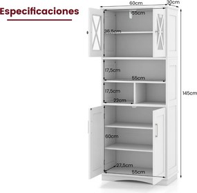 Armário multifuncional de casa de banho ou cozinha 60 x 30 x 145 cm com portas e 3 cubos e com estantes ajustáveis Branco