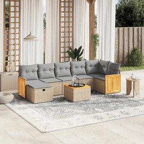 8 pcs conj. sofás jardim c/ almofadões vime PE bege misturado