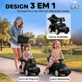 Carro Andador para Bebé 3 em 1 Mercedes-Benz com Barra de Empurrar, Capota, Laterais de Segurança e Música, 12-36 Meses, Preto