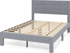 Estrutura de cama 211 x 141 x 109 cm com cabeceira acolchoada (COLCHÃO NÃO INCLUIDO), estrado de ripas de madeira cinza
