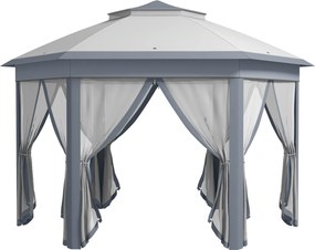 Outsunny Tenda Dobrável 4x3,4 m Tenda de Jardim Hexagonal com Duplo Tecto 6 Mosquiteiras Destacáveis e Saco de Transporte Cinzento | Aosom Portugal
