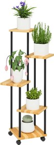 Suporte para plantas de 5 níveis para interior e exterior, prateleira para plantas com 4 rodas em aço e madeira natural