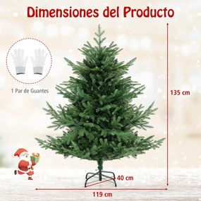 Árvore de Natal artificial pré-iluminada 135 cm, 442 pontas de ramos, 160 luzes LED, folhas mistas de PE e PVC, Verde