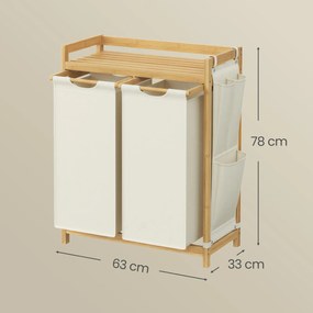 Cesto da roupa suja com 2 compartimentos, bambu 100 L, 63,2 x 33 x 78 cm branco