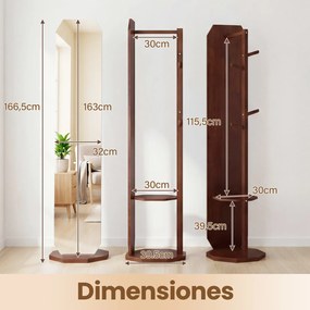 Espelho giratório 3 em 1 com cabideiro, estantes e ganchos – organizador para quarto – 39,5 x 166,5 cm – Castanho