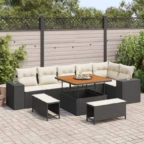 Conjunto de Sofá de Jardim vidaXL de 9 Peças com Almofadas Preto Rattan Poliéster Acácia