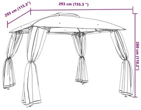 Gazebo c/ teto duplo/paredes de malha 2,93x2,93 m aço antracite