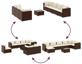 8 pcs conjunto lounge jardim c/ almofadões vime PE castanho