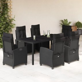 7 pcs conjunto de jantar p/ jardim c/ almofadões vime PE preto