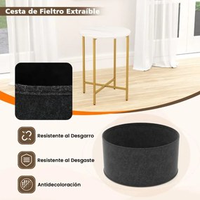 Mesa de apoio redonda 44 x 61 cm para espaços pequenos de 2 níveis com cesto de tecido Estrutura metálica Branca