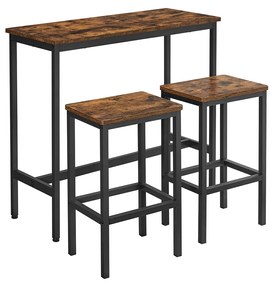 Conjunto de mesa de jantar VASAGLE, conjunto de mesa de bar e bancos, mesa de café da manhã com dois bancos, estrutura de aço industrial, marrom rústico e preto LBT218B01