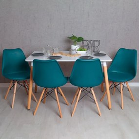 Conjunto Mesa Tower Retangular 120 x 80 cm Branca e Pack 4 Cadeiras Tilsen - Verde-azulado