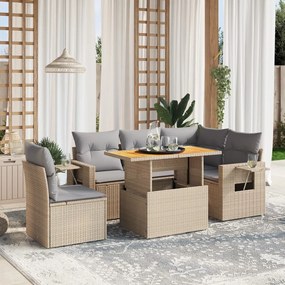 6 pcs conjunto de sofás p/ jardim com almofadões vime PE bege