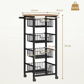 Carrinho de Cozinha com 4 Cestos Deslizáveis e Estrutura de Aço 49,5x31x91 cm Cor Carvalho