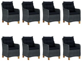 9 pcs conj. jantar exterior c/ almofadões vime PE cinza-escuro