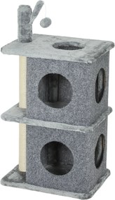 Arranhador para gatos de 3 níveis em forma de torre, com 2 compartimentos abertos e uma superfície de descanso confortável, bola 43 x 33 x 80 cm cinze