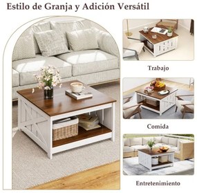 Mesa de centro de 2 níveis com prateleira de armazenamento aberta quadrada para cocktails estilo 78 x 78 x 44 cm Branca e castanha