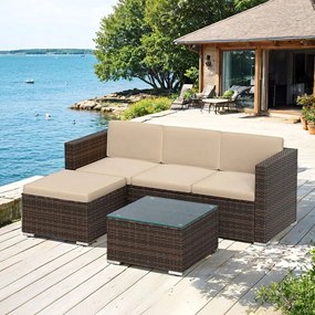 Conjunto de jardim, mobiliário de pátio em Polyrattan, mobiliário de varanda com almofadas e mesa de vidro Castanho-taupe