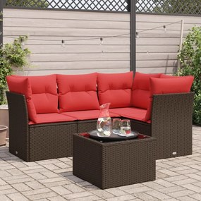 vidaXL 5 pcs conjunto sofás p/ jardim c/ almofadões vime PE castanho