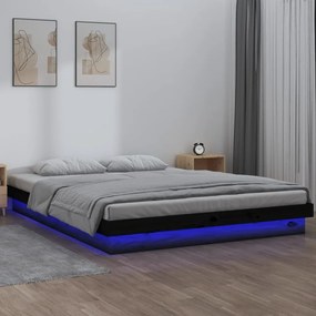 Estrutura cama casal c/ LEDs 135x190 cm madeira maciça preto