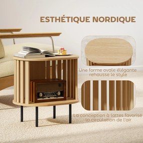 Mesa auxiliar oval 50x39x50 cm para colocar ao pé do sofá, com arrumação aberta, pés em aço com design em ripas, efeito de madeira natural