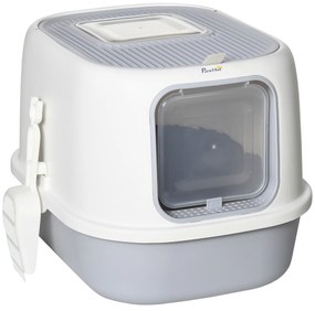 PawHut Caixa de Areia para Gatos Caixa de Areia Fechada com Entrada Dianteira Saída Superior Bandeja Removível e Pá 40x53,5x37,5cm Cinza e Bege