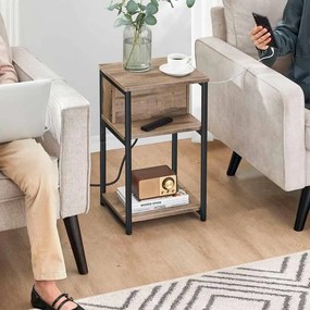 Mesa apoio, mesa de cabeçeira com 2 tomadas eléctricas e 2 portas USB castanho avelã e preto