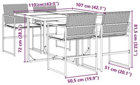 5 pcs conjunto de jantar p/ jardim c/ almofadões vime PE preto