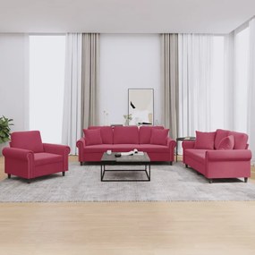 3 pcs conjunto de sofás com almofadas veludo vermelho-tinto