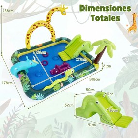 Piscina insuflável  208 x 178 x 138 cm infantil com escorrega, chuveiro em forma de girafa e jogo de aros, com tema de animais da selva, centro de jog