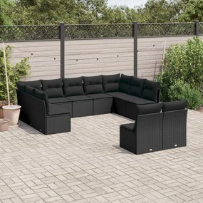vidaXL 11 pcs conjunto sofás de jardim c/ almofadões vime PE preto