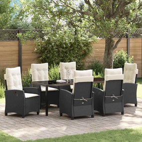 vidaXL Conjunto de Jantar de Jardim com 7 Peças e Almofadas - Rattan Poliéster Preto.