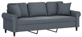 Sofá 3 lug. c/ almofadas decorativas 180 cm veludo cinza-escuro