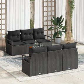 Conjunto de Sofás de Jardim de 7 Peças com Almofadas Pretas de Vime Po
