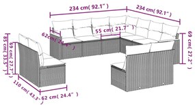 11 pcs conjunto sofás de jardim c/ almofadões vime PE cinzento