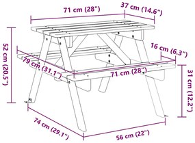 Mesa piquenique 4 crianças c/ orifício guarda-sol abeto maciço