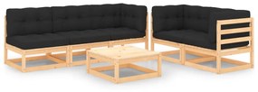 6 pcs conjunto lounge de jardim c/ almofadões pinho maciço