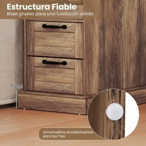 Conjunto de 2 mesas de cabeceira, mesas apoio rústicas com estação de carregamento e 2 gavetas Pretas e castanho rustico