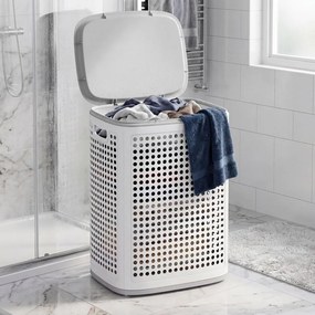 Cesto de roupa suja em plástico, cesto de 75 L, 42,5 x 33 x 57 cm branco-cinzento