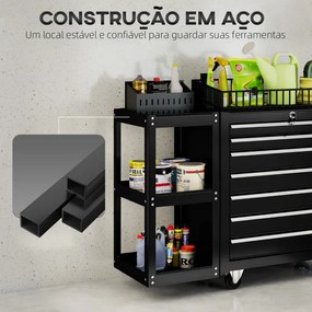 Carrinho de Ferramentas com 7 Gavetas Estante de 3 Níveis Removível Sistema de Fecho Central Asa 2 Rodas com Travão Preto